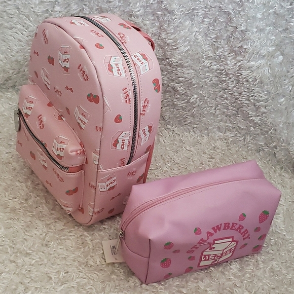 NWT Strawberry milk bundle Mini Backpack and make-up bag. - Picture 6 of 16